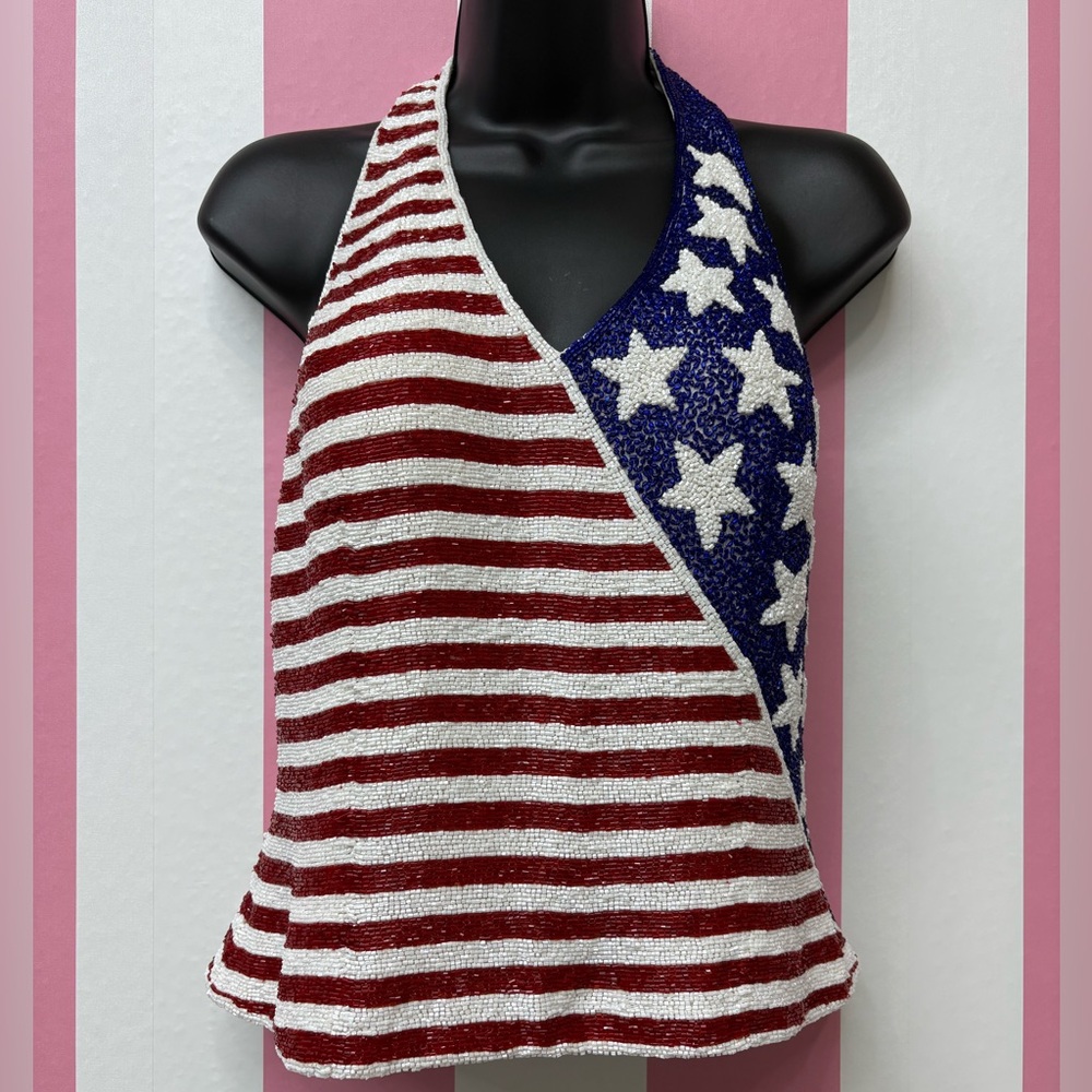 Vintage Beaded Cache Halter Top American Flag Fourth of July Summer Top Silk